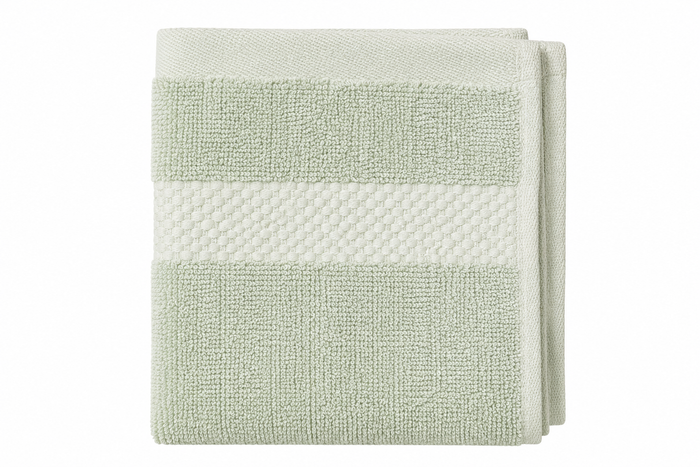 Opgevouwen saliegroen katoenen gastendoekje 30x30 cm 600 GSM