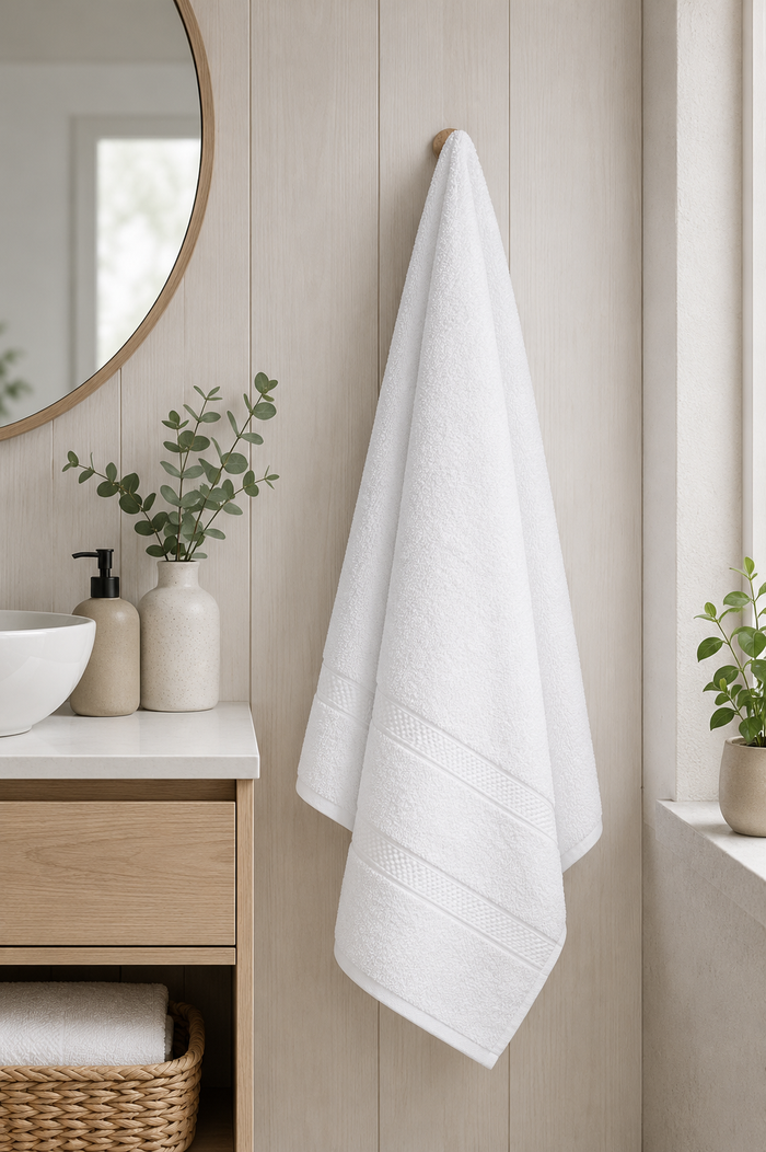 Witte katoenen badhanddoek 70 x 140 cm hangend in een lichte badkamer